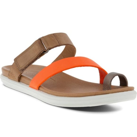 Ecco Simpil Sandals Leather Strap Slides Colorblock Tan Orange Size 41 US 10 NEW - Picture 1 of 7